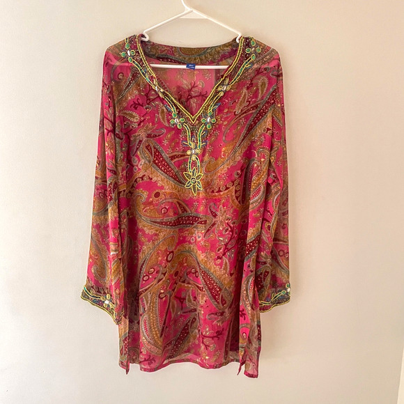 Raj 100% Silk Boho Paisley Tunic Top Beaded Pink Sheer Festival Kaftan Cover Up - Picture 1 of 10